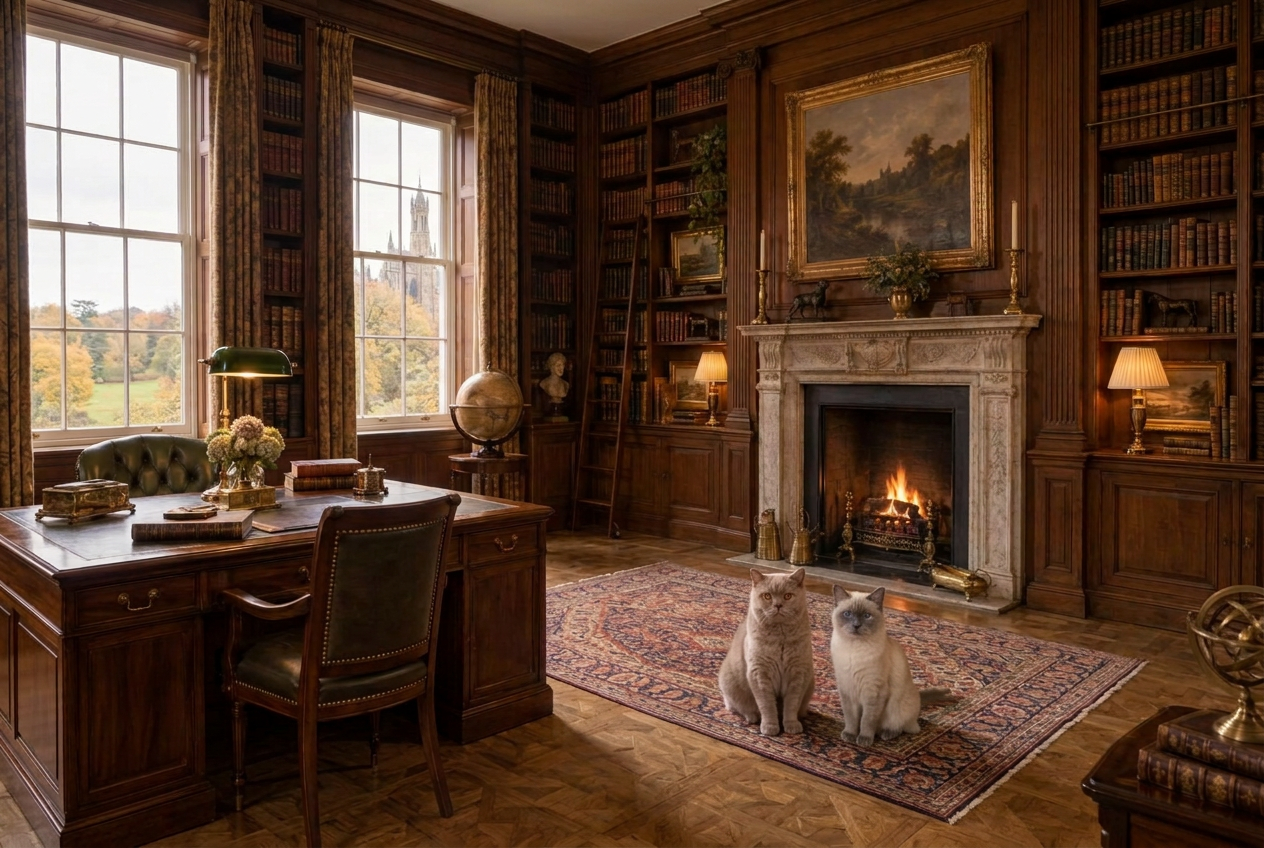 Sophie and Coco, a lilac and a blue-point British Shorthair, sitting together on a rug before the fire in the house library