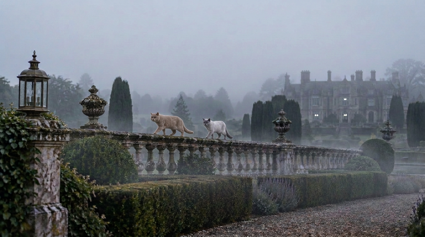 Two small British Shorthairs on a stone balustrade in the house garden at dawn in fog and rain