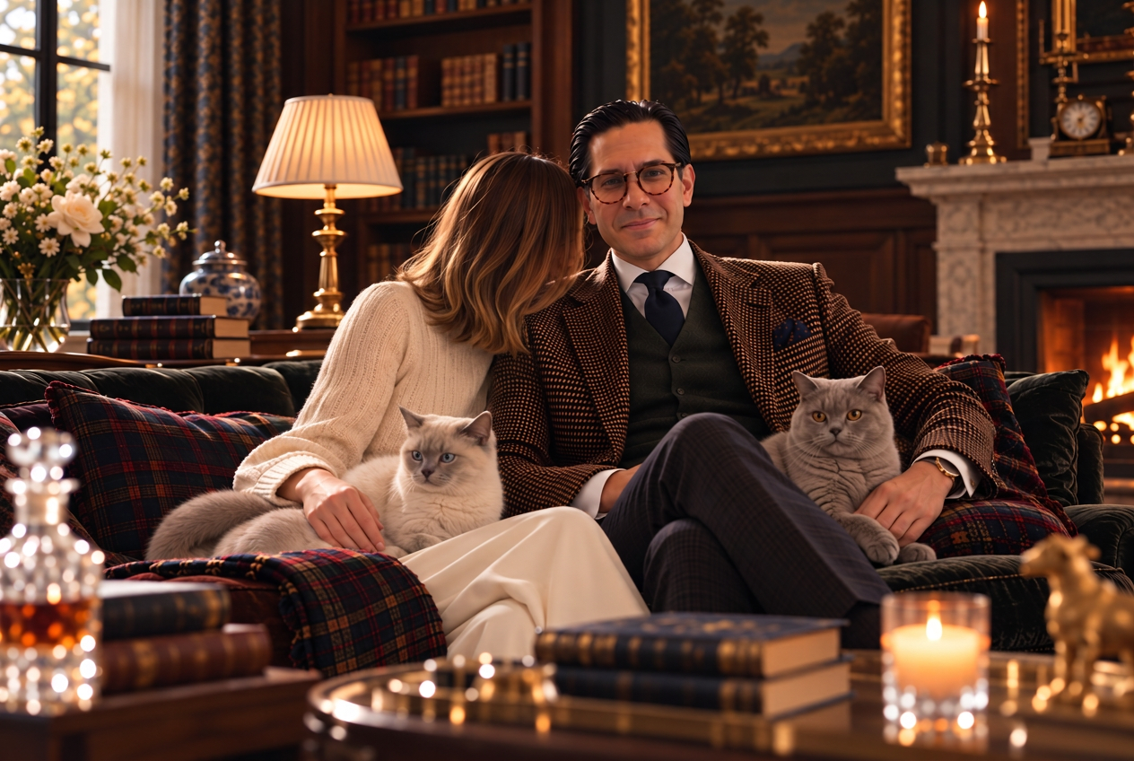 Agata and Bryan Graf seated in the house library with Sophie and Coco